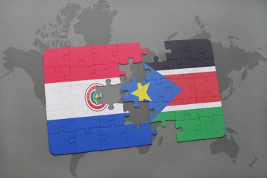 paraguay ve bir dünya haritası üzerinde Güney sudan bayrağı ile bulmaca