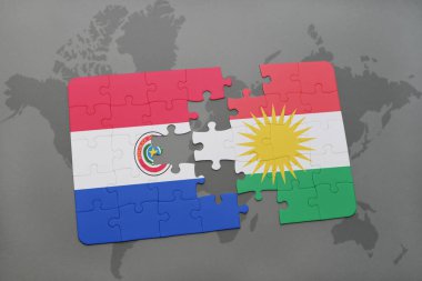 paraguay ve Kürdistan ulusal bayrak bir dünya haritası üzerinde ile bulmaca