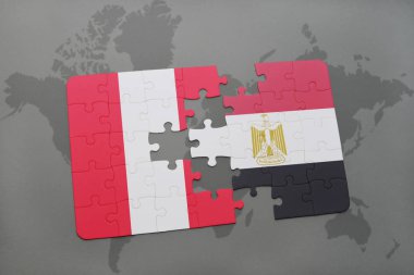 peru ve Mısır ulusal bayrak bir dünya haritası üzerinde ile bulmaca
