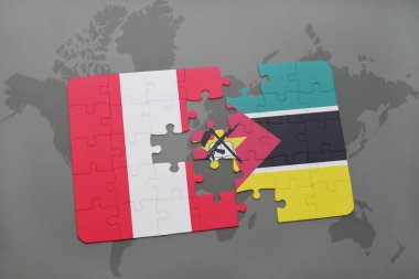 peru ve Mozambik bir dünya haritası üzerinde bayrağı ile bulmaca