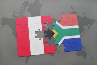 peru ve Güney Afrika ulusal bayrak bir dünya haritası üzerinde ile bulmaca
