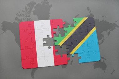 peru ve Tanzanya bir dünya haritası üzerinde bayrağı ile bulmaca