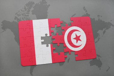 peru ve Tunus bir dünya haritası üzerinde bayrağı ile bulmaca