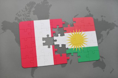 peru ve Kürdistan ulusal bayrak bir dünya haritası üzerinde ile bulmaca