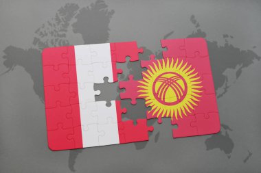 peru ve Kırgızistan ulusal bayrak bir dünya haritası üzerinde ile bulmaca