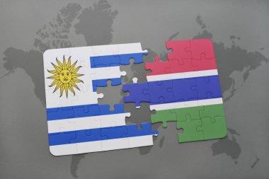 uruguay ve Gambiya ulusal bayrak bir dünya haritası üzerinde ile bulmaca