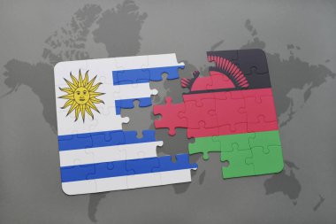 uruguay ve Malavi bir dünya haritası üzerinde bayrağı ile bulmaca