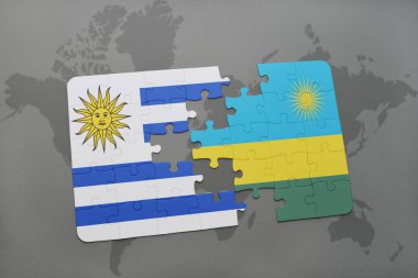 uruguay ve Ruanda bir dünya haritası üzerinde bayrağı ile bulmaca