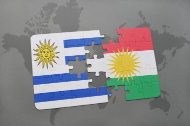 uruguay ve Kürdistan ulusal bayrak bir dünya haritası üzerinde ile bulmaca