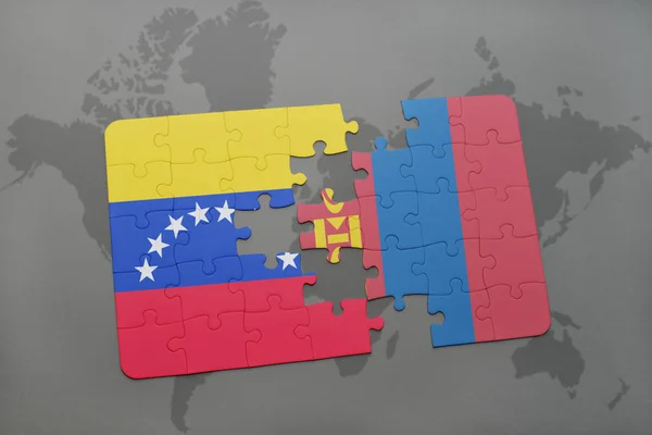 Rompecabezas con la bandera nacional de venezuela y mongolia en un mapa del mundo —  Fotos de Stock