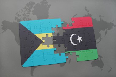 Bahamalar ve libya ulusal bayrak bir dünya haritası üzerinde ile bulmaca