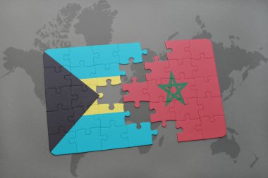 Bahamalar ve Fas bir dünya haritası üzerinde bayrağı ile bulmaca