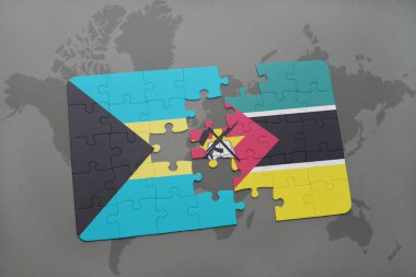 Bahamalar ve Mozambik bir dünya haritası üzerinde bayrağı ile bulmaca