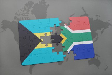 Bahama Adaları ve Güney Afrika ulusal bayrak bir dünya haritası üzerinde ile bulmaca