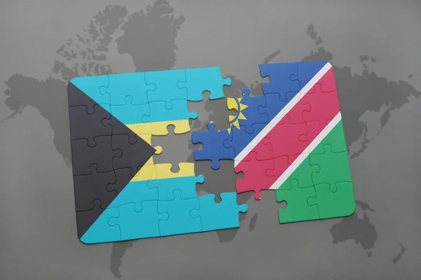 Puzzle z Flaga narodowa Bahamy i Namibii na mapie świata — Zdjęcie stockowe