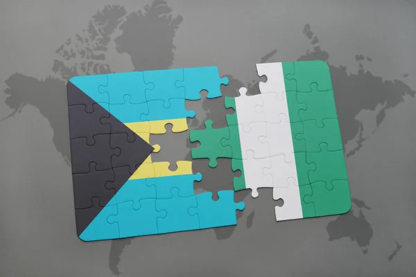 Puzzle z Flaga narodowa Bahamy i nigeria na mapie świata — Zdjęcie stockowe
