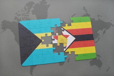 Bahamalar ve Zimbabve Ulusal bayrak bir dünya haritası üzerinde ile bulmaca