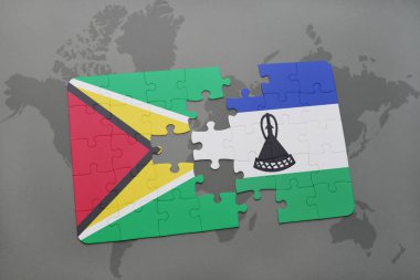 bir dünya haritası üzerinde guyana ve Lesoto bayrağı ulusal ile bulmaca