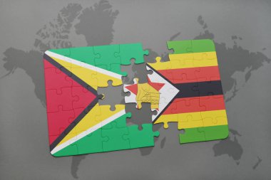 bir dünya haritası üzerinde guyana ve Zimbabve Ulusal bayrakla bulmaca