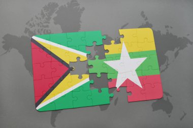 bir dünya haritası üzerinde guyana ve myanmar bayrağı ulusal ile bulmaca
