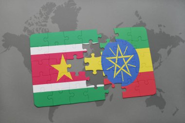 Surinam ve Etiyopya bir dünya haritası üzerinde bayrağı ile bulmaca
