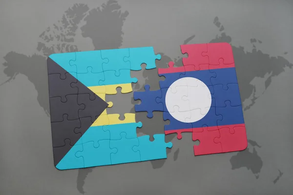 Puzzle s státní vlajka Baham a laos na mapě světa — Stock fotografie