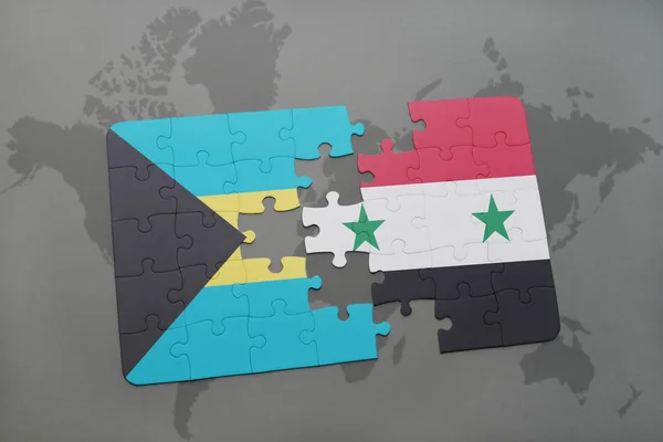 Головоломка з національним прапором Багамських островів і Сирії на карті світу — стокове фото