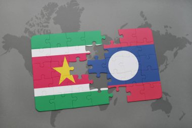 Surinam ve laos ulusal bayrak bir dünya haritası üzerinde ile bulmaca