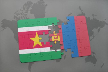 Surinam ve Moğolistan ulusal bayrak bir dünya haritası üzerinde ile bulmaca