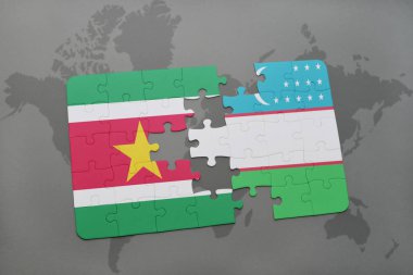 Surinam ve Özbekistan'a bir dünya haritası üzerinde bayrağı ile bulmaca