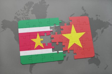 Surinam ve vietnam ulusal bayrak bir dünya haritası üzerinde ile bulmaca