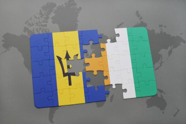 barbados bayrağı ile bulmaca ve Fildişi Sahili bir dünya haritası üzerinde
