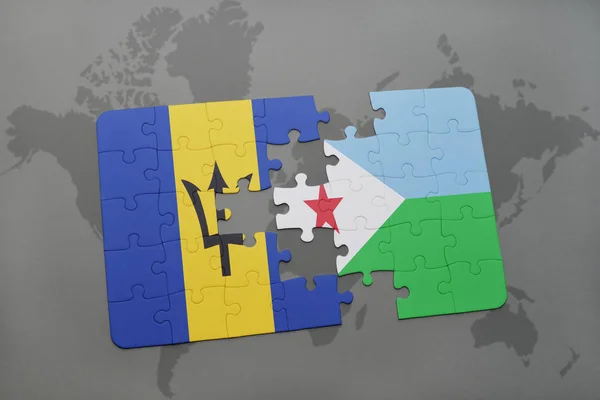 Puzzle mit der Nationalflagge von Barbados und Dschibuti auf einer Weltkarte — Stockfoto