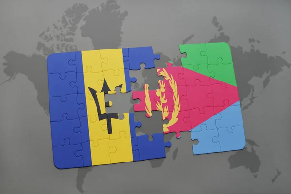 Puzzle mit der Nationalflagge von Barbados und Eritrea auf einer Weltkarte — Stockfoto