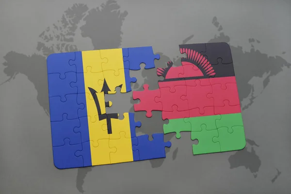 Puzzel met de nationale vlag van barbados en malawi op een wereldkaart — Stockfoto