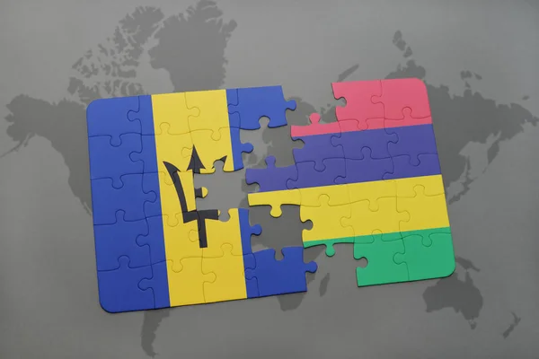 Pussel med barbados och mauritius flagga på en världskarta — Stockfoto