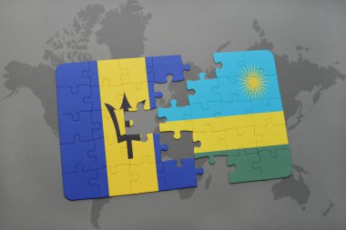 barbados ve Ruanda bir dünya haritası üzerinde bayrağı ile bulmaca