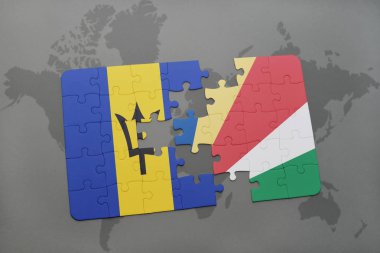 barbados ve Seyşeller ulusal bayrak bir dünya haritası üzerinde ile bulmaca