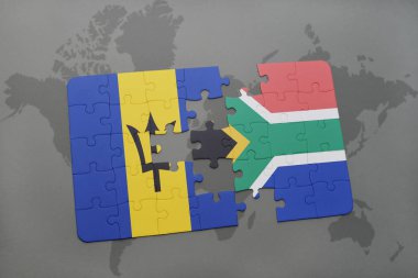 barbados ve Güney Afrika ulusal bayrak bir dünya haritası üzerinde ile bulmaca