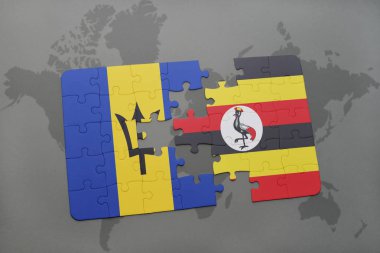 barbados ve uganda ulusal bayrak bir dünya haritası üzerinde ile bulmaca