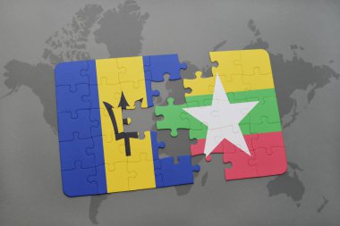 bir dünya haritası üzerinde barbados ve myanmar bayrağı ulusal ile bulmaca
