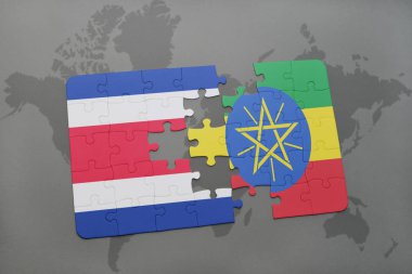 Kosta Rika ve Etiyopya bir dünya haritası üzerinde bayrağı ile bulmaca