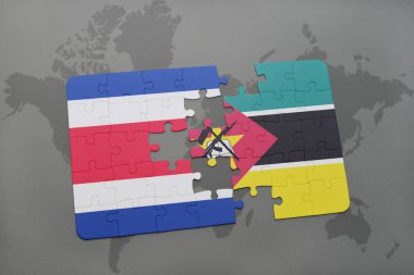 Kosta Rika ve Mozambik bir dünya haritası üzerinde bayrağı ile bulmaca