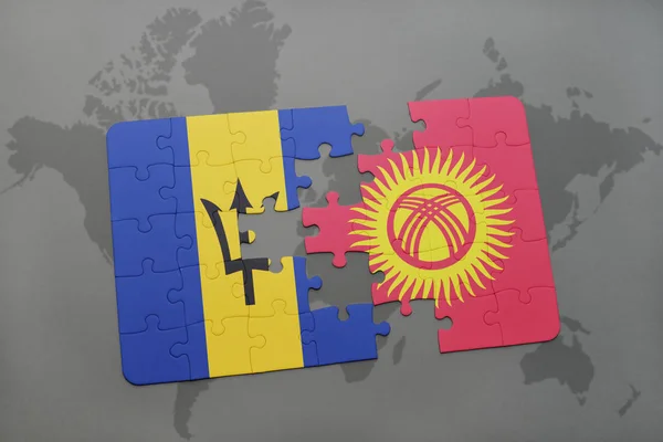 益智与巴巴多斯和吉尔吉斯斯坦国旗在世界地图上 — 图库照片