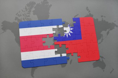 Kosta Rika ve Tayvan ulusal bayrak bir dünya haritası üzerinde ile bulmaca