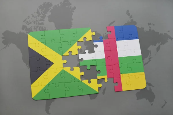 益智与牙买加和中非共和国的国旗在世界地图上 — 图库照片