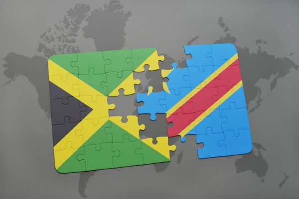 Quebra-cabeça com a bandeira nacional da jamaica e república democrática do congo em um mapa do mundo — Fotografia de Stock