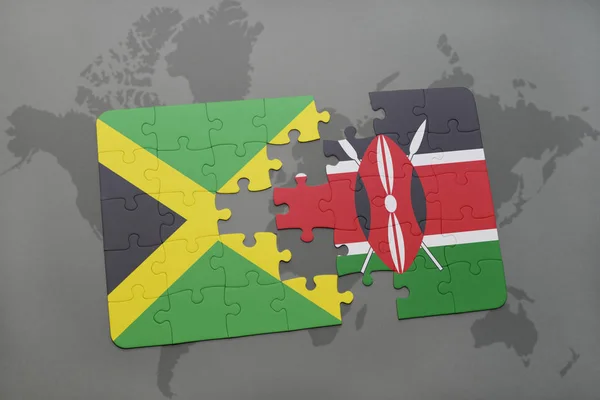 益智与牙买加和肯尼亚国旗在世界地图上 — 图库照片