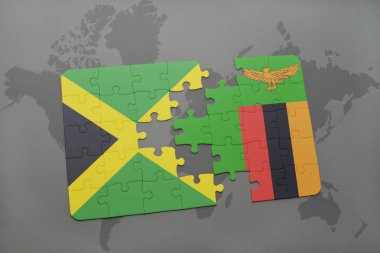 Jamaika ve Zambiya bir dünya haritası üzerinde bayrağı ile bulmaca