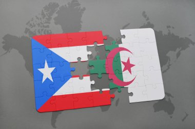 Porto Riko ve Cezayir ulusal bayrak bir dünya haritası üzerinde ile bulmaca
